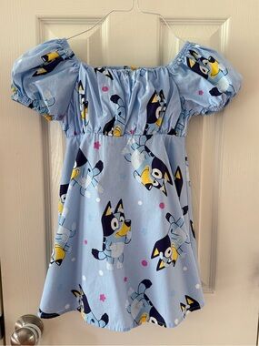 Bluey Girls Dress XS 4/5 Puff Sleeve Smocked Back Cartoon Print Cottagecore EUC